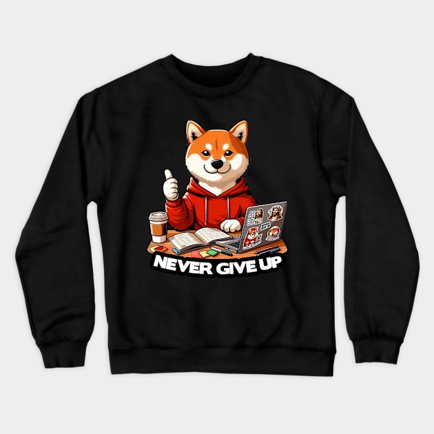 Never Give Up Shiba Inu Dog Laptop Homework Hardworking Study Hard Crewneck Sweatshirt by Plushism